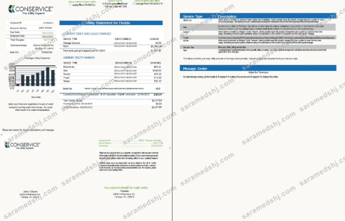 USA Conservice utility bill template in Word and PDF formats, 2 pages, version 2